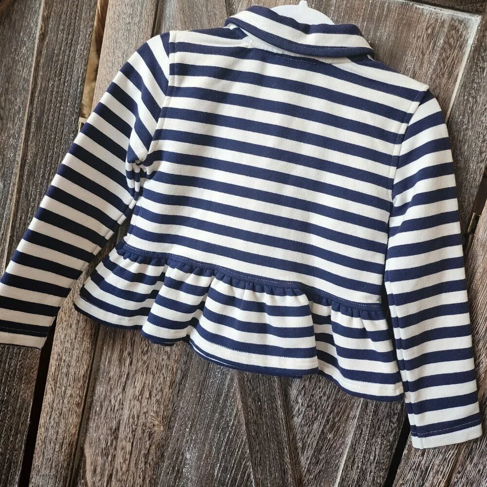 Gymboree Navy and White Knit Stretch Ruffle Peplum Jacket Gold Buttons Size XS 4
